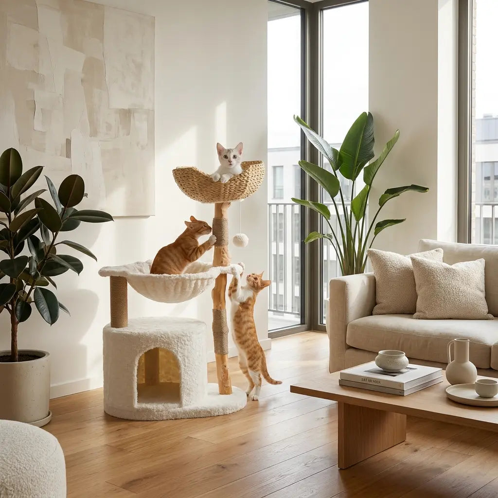 Le Nuage – Arbre à Chat Design en Bois Naturel & Rotin Tressé