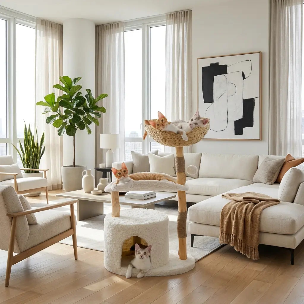 Le Nuage – Arbre à Chat Design en Bois Naturel & Rotin Tressé