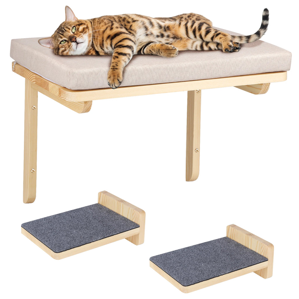 Lit Mural pour Chat en Bois Clair avec 2 Marches et Griffoirs – La Mezzanine