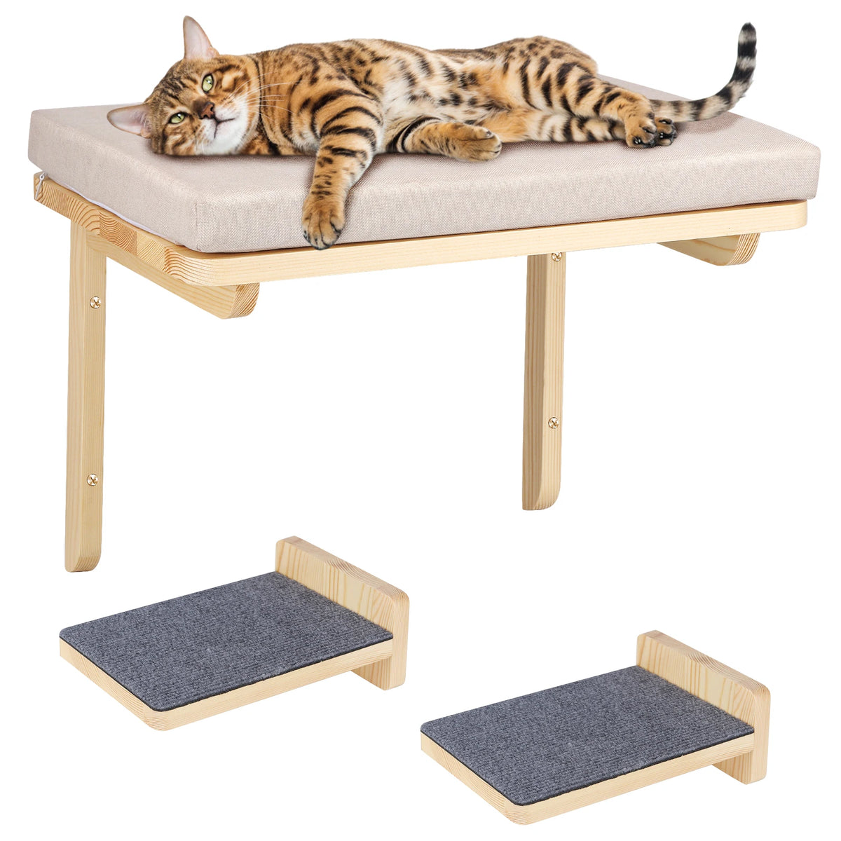 Lit Mural pour Chat en Bois Clair avec 2 Marches et Griffoirs – La Mezzanine