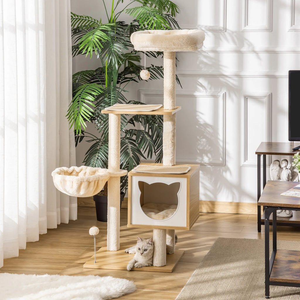 Le Prisme Élevé – Arbre à Chat Architectural en Bois & Textile Bouclé (126 cm)