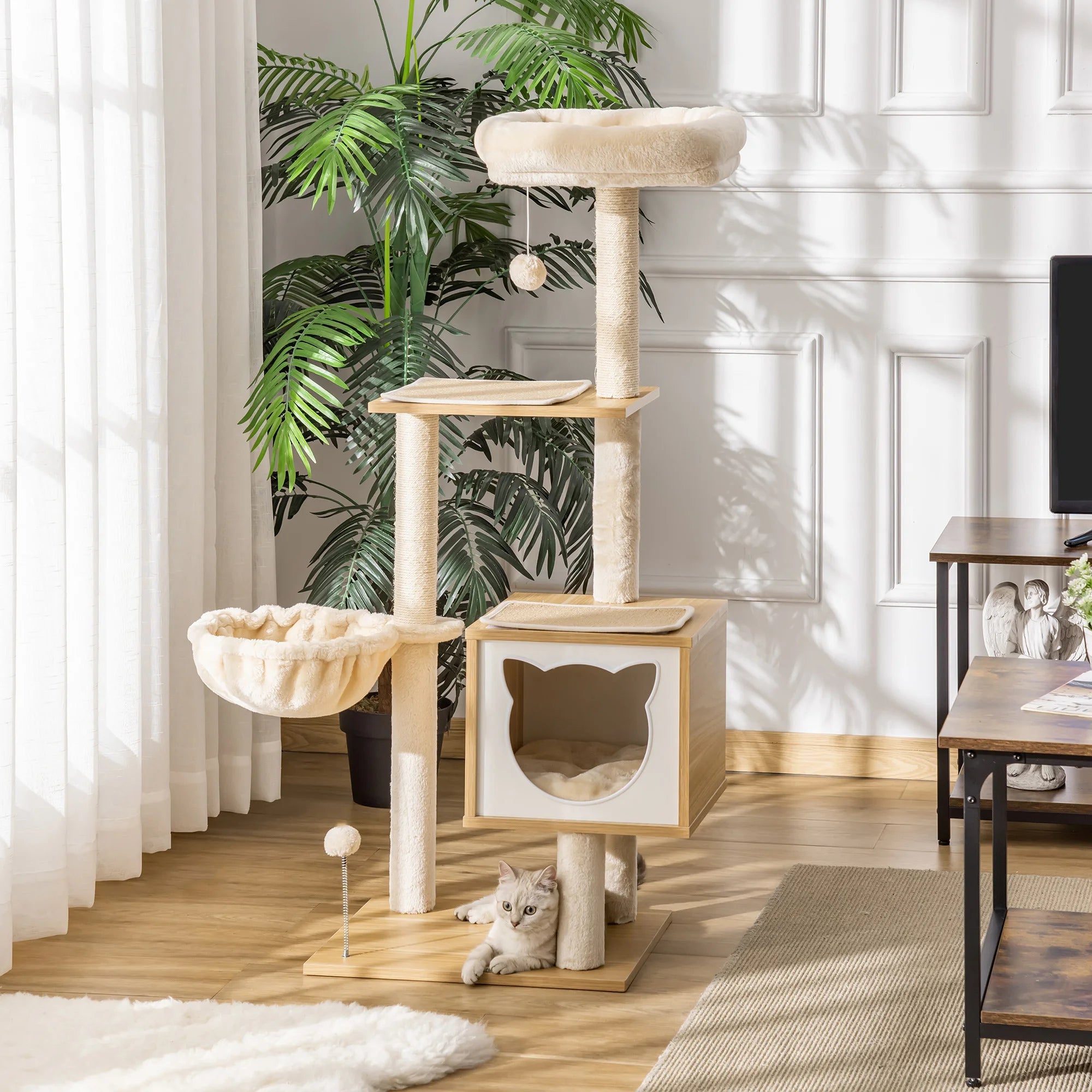Le Prisme Élevé – Arbre à Chat Architectural en Bois & Textile Bouclé (126 cm)