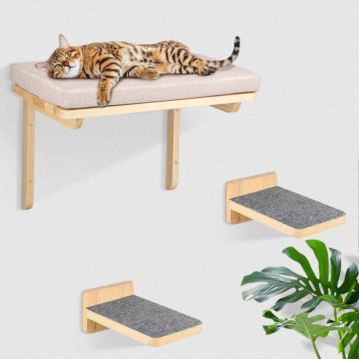 Lit Mural pour Chat en Bois Clair avec 2 Marches et Griffoirs – La Mezzanine