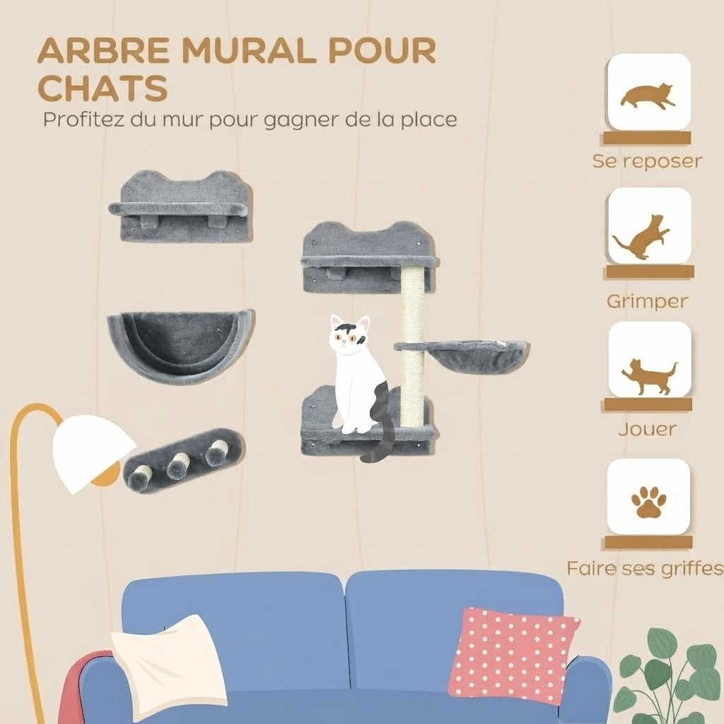 Parcours Mural pour Chat 4 Pièces avec Panier – Le Nid des Hauteurs