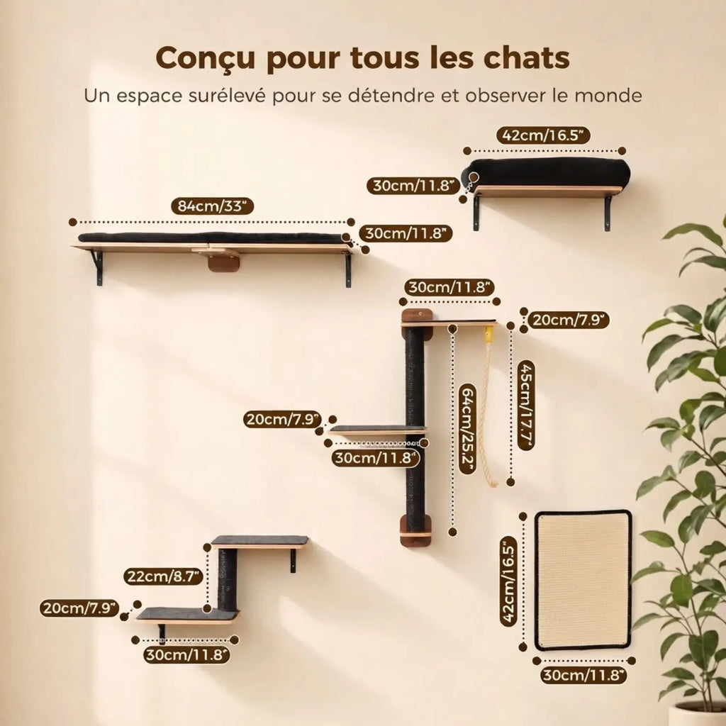 Étagères Murales pour Chat en Bois 5-en-1 – La Falaise Modulable