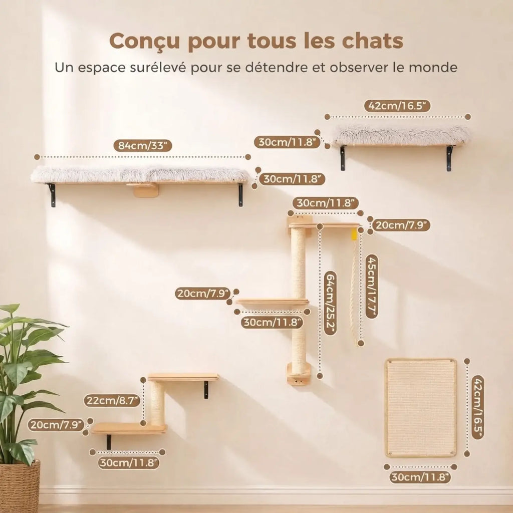 Étagères Murales pour Chat en Bois 5-en-1 – La Falaise Modulable