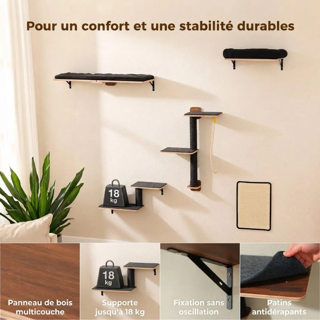 Étagères Murales pour Chat en Bois 5-en-1 – La Falaise Modulable