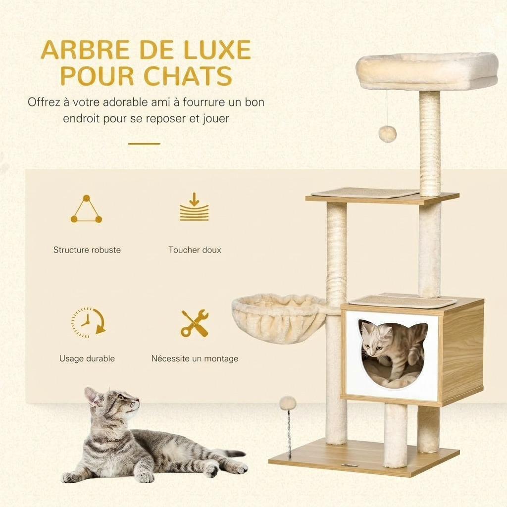 Le Prisme Élevé – Arbre à Chat Architectural en Bois & Textile Bouclé (126 cm)