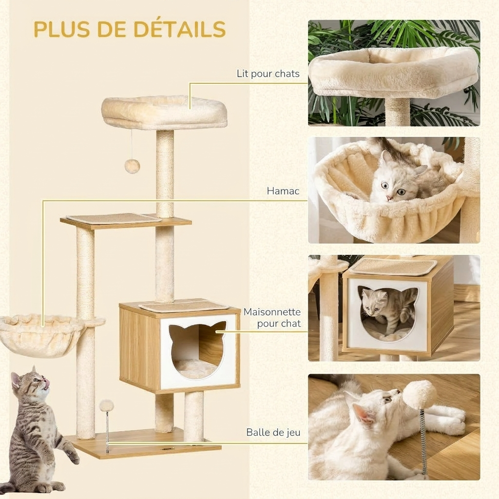 Le Prisme Élevé – Arbre à Chat Architectural en Bois & Textile Bouclé (126 cm)