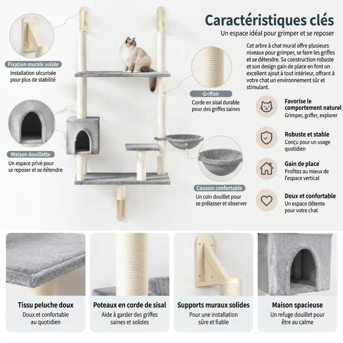 Arbre à Chat Mural 153 cm avec Niche et Panier – Le Sommet Mural