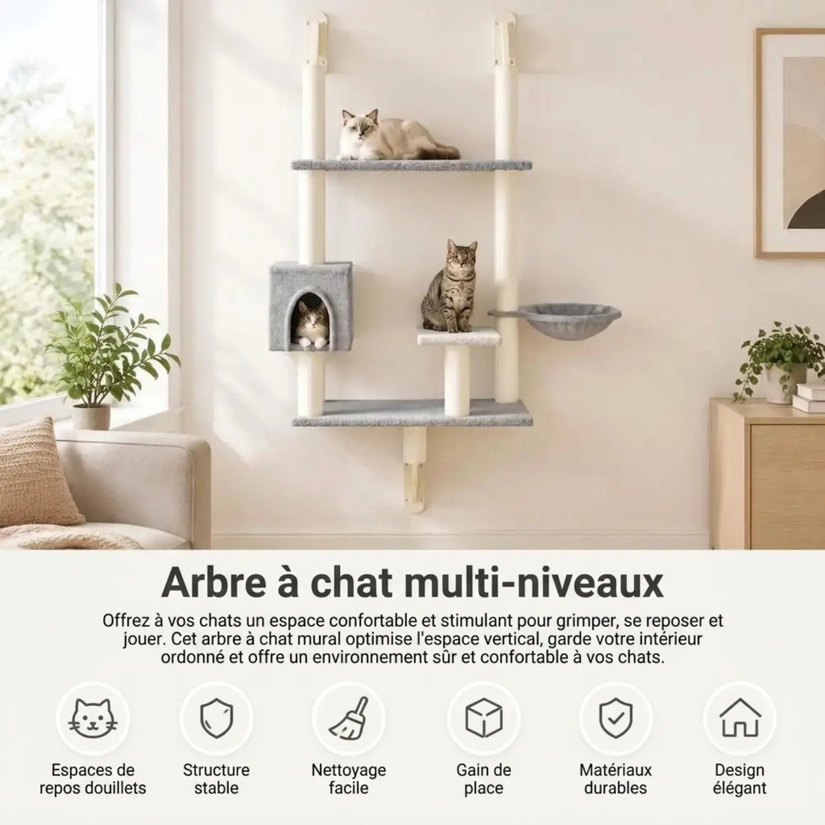 Arbre à Chat Mural 153 cm avec Niche et Panier – Le Sommet Mural
