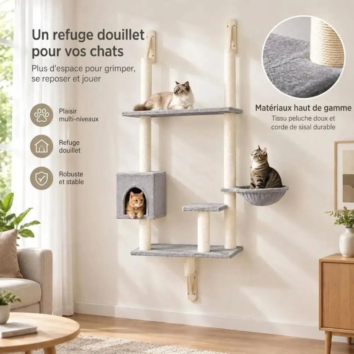Arbre à Chat Mural 153 cm avec Niche et Panier – Le Sommet Mural