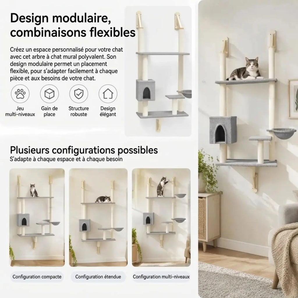 Arbre à Chat Mural 153 cm avec Niche et Panier – Le Sommet Mural