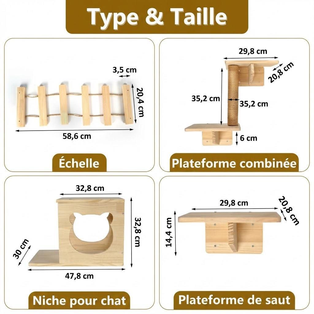 Infographie montrant les types et les dimensions des différents modules du parcours mural pour chat.