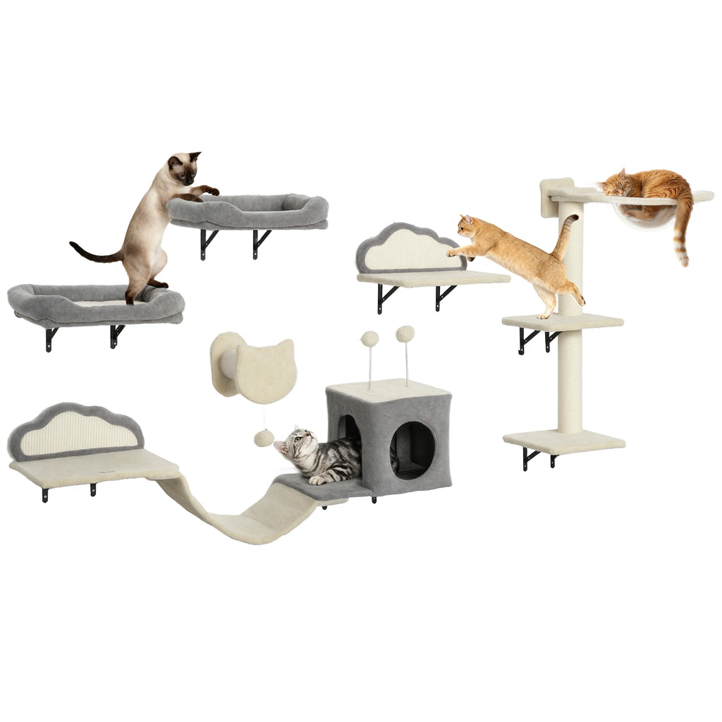 Présentation des différents modules et étagères du parcours mural d'escalade pour chat.