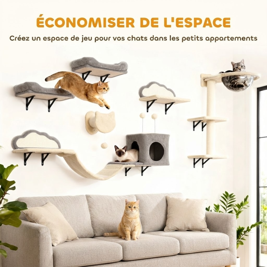 Illustration du gain d'espace au sol grâce au parcours mural suspendu pour chat.
