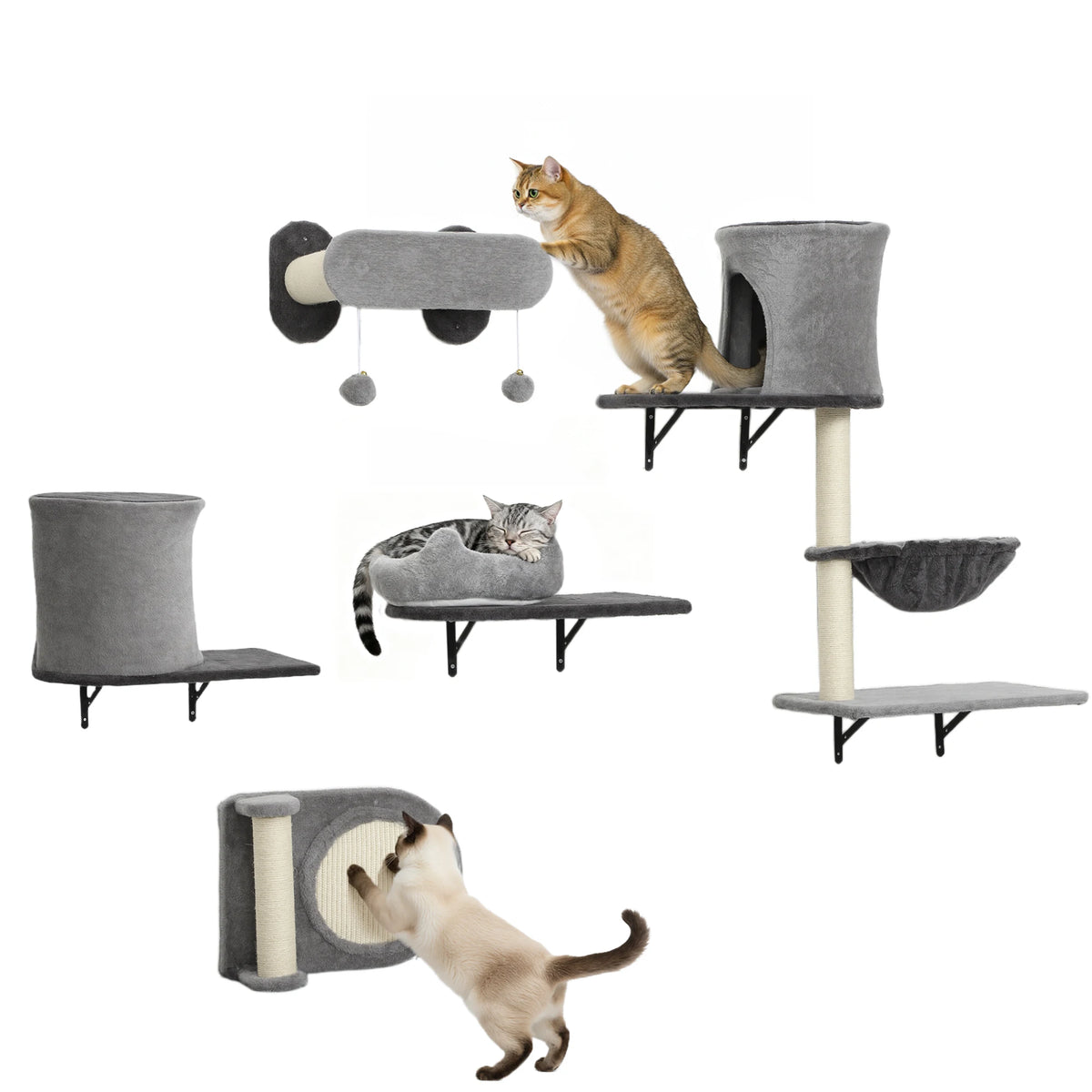 Présentation des différents modules et perchoirs muraux pour chat en tissu gris.