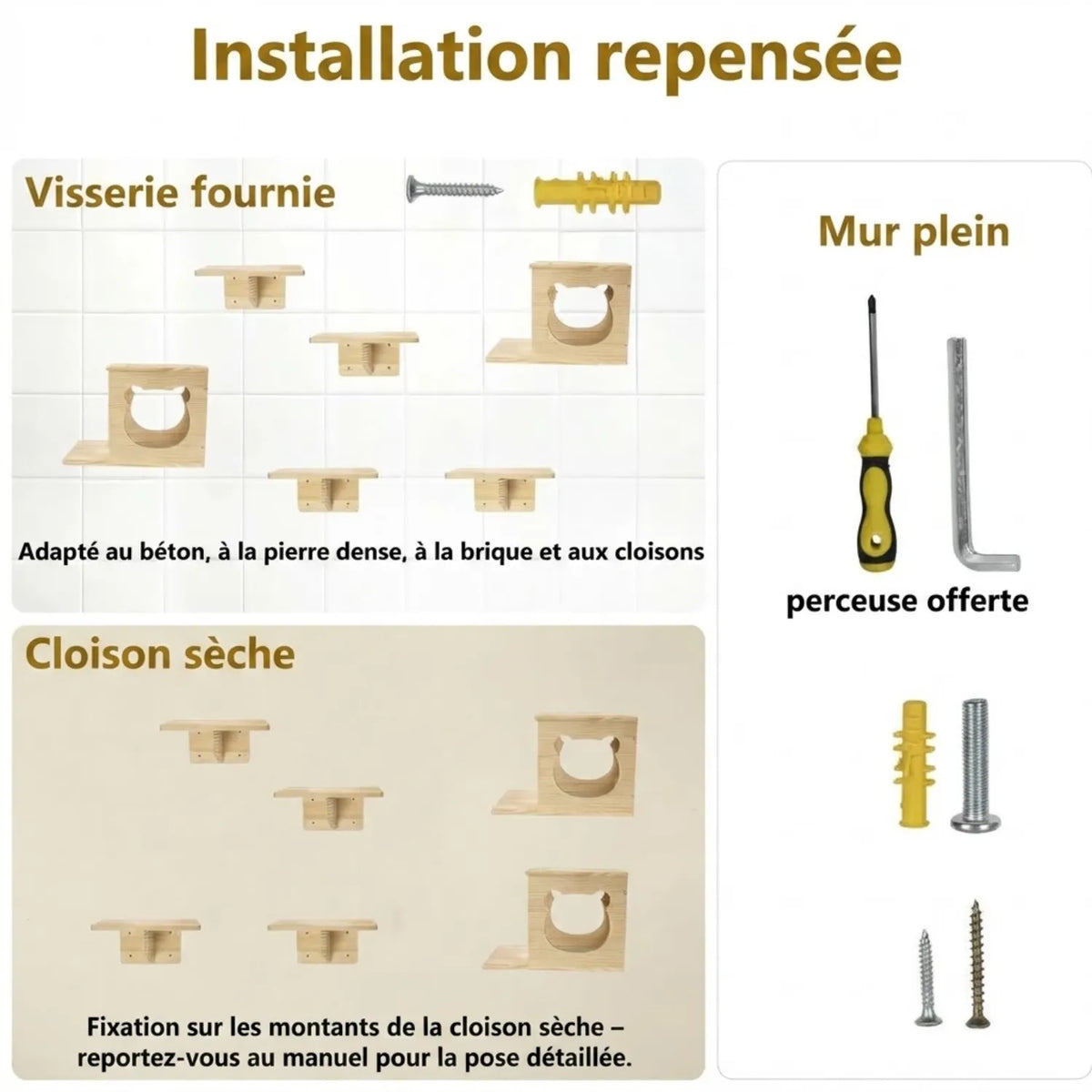 Guide d'installation étape par étape du parcours mural pour chat avec visserie et chevilles.