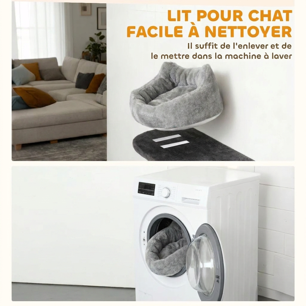 Démonstration du lit doux pour chat avec coussin amovible lavable en machine.