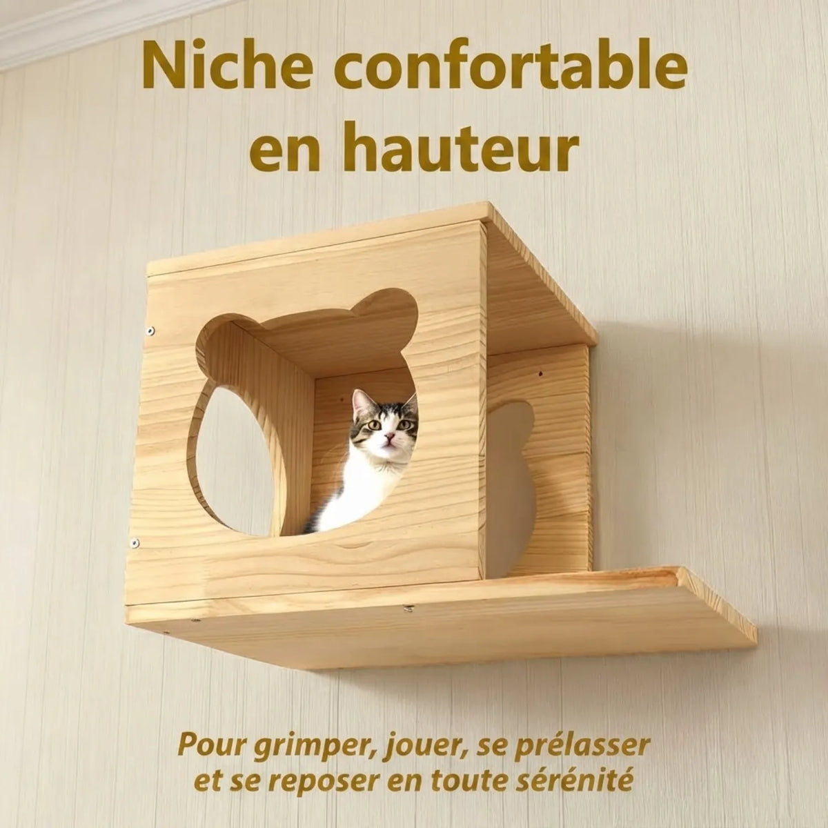 Niche murale pour chat en bois avec ouverture en forme de tête de chat.