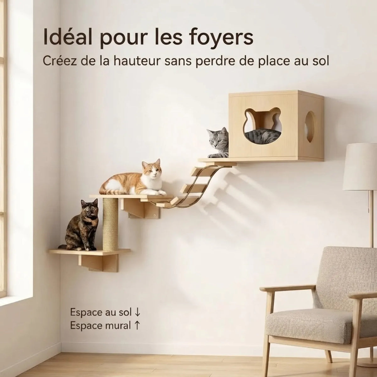 Arbre à chat mural en bois avec passerelle et niche installé dans un salon moderne.