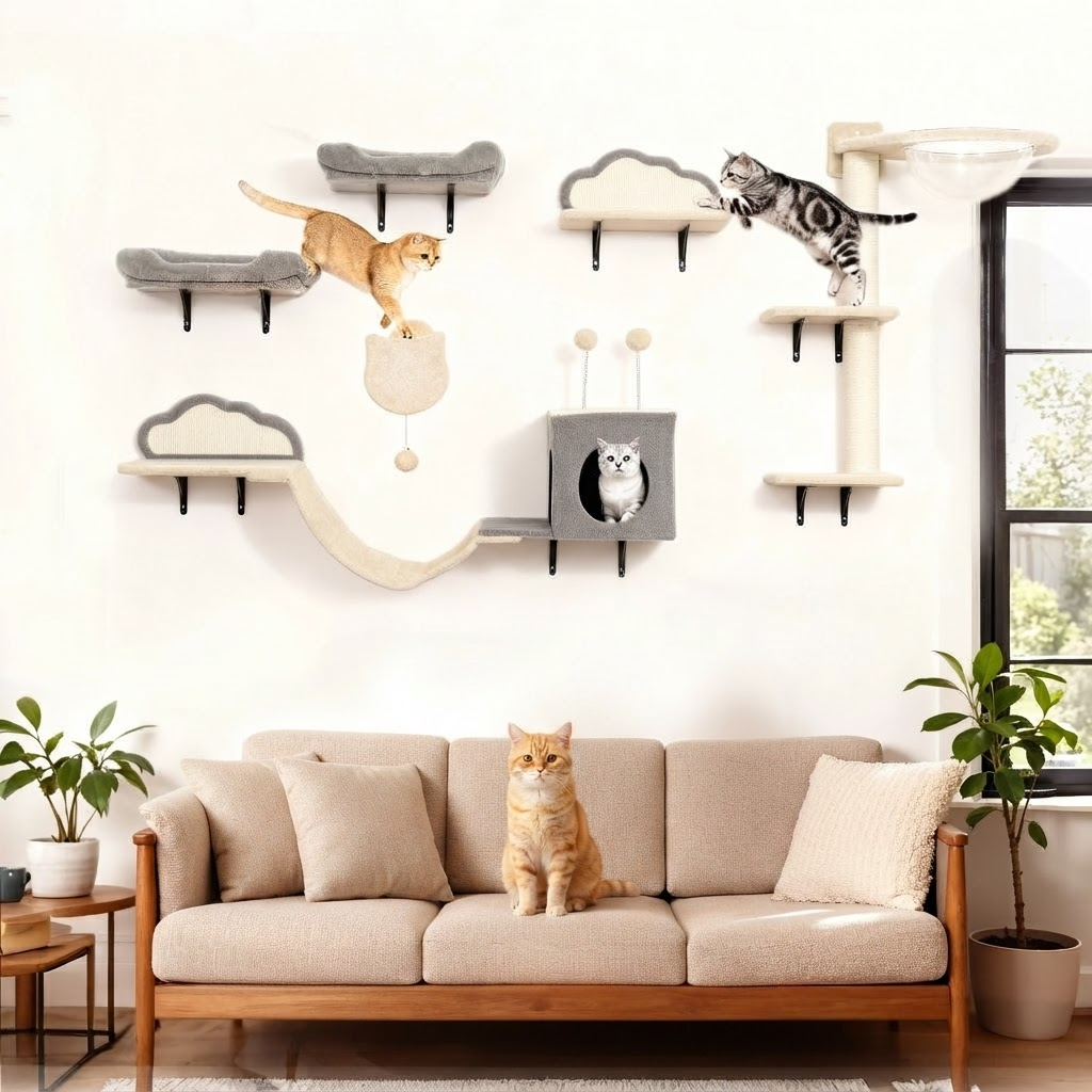 Arbre à chat mural complet en bois fixé au-dessus d'un canapé dans un salon moderne.