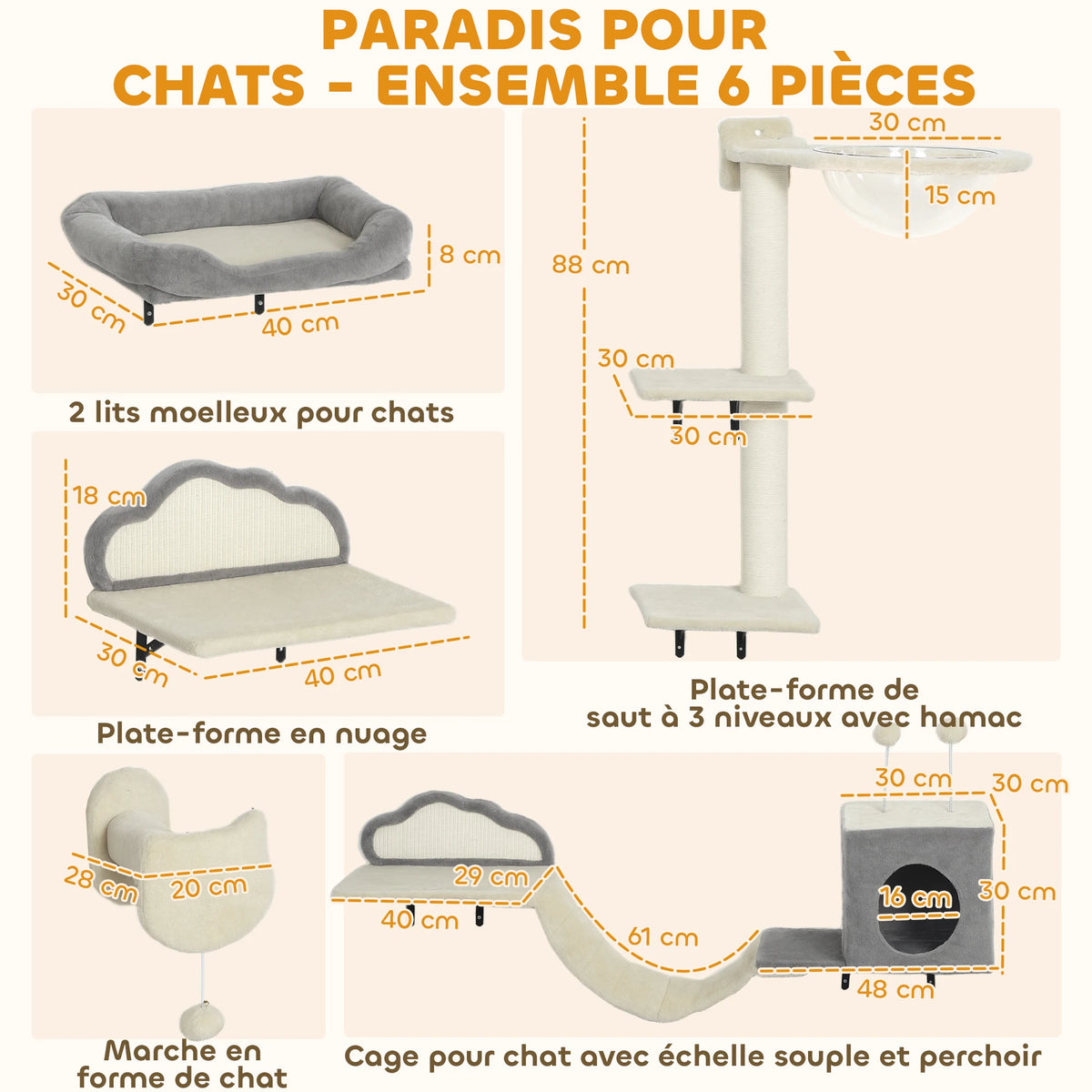 Infographie montrant la composition des 6 pièces du parcours mural d'escalade pour chat.