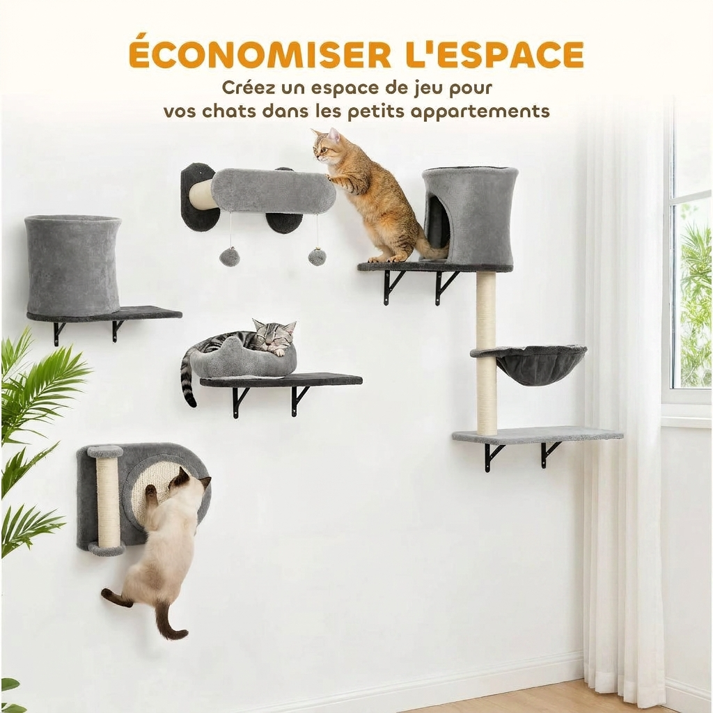 Illustration du parcours mural pour chat optimisant l'espace dans une pièce d'intérieur.