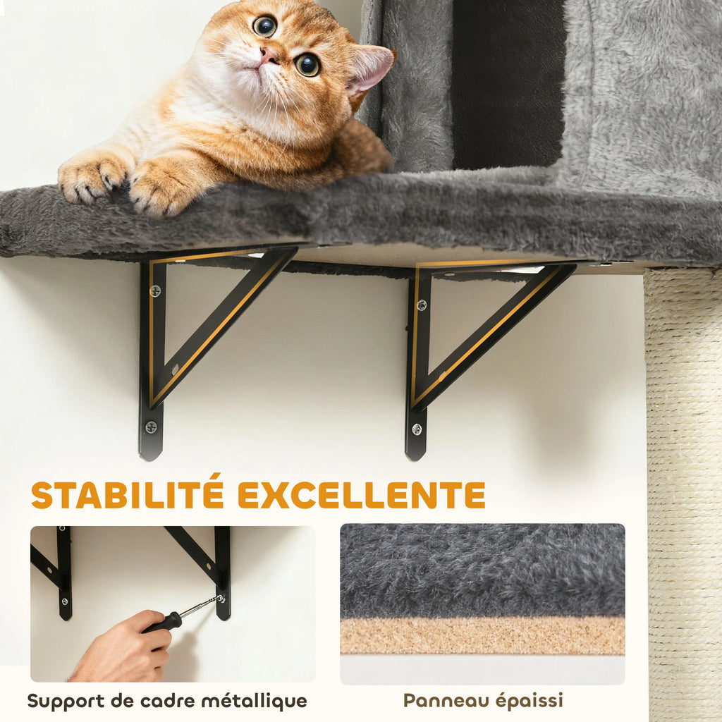 Gros plan sur la fixation solide et la stabilité du support en bois d'une étagère murale pour chat.